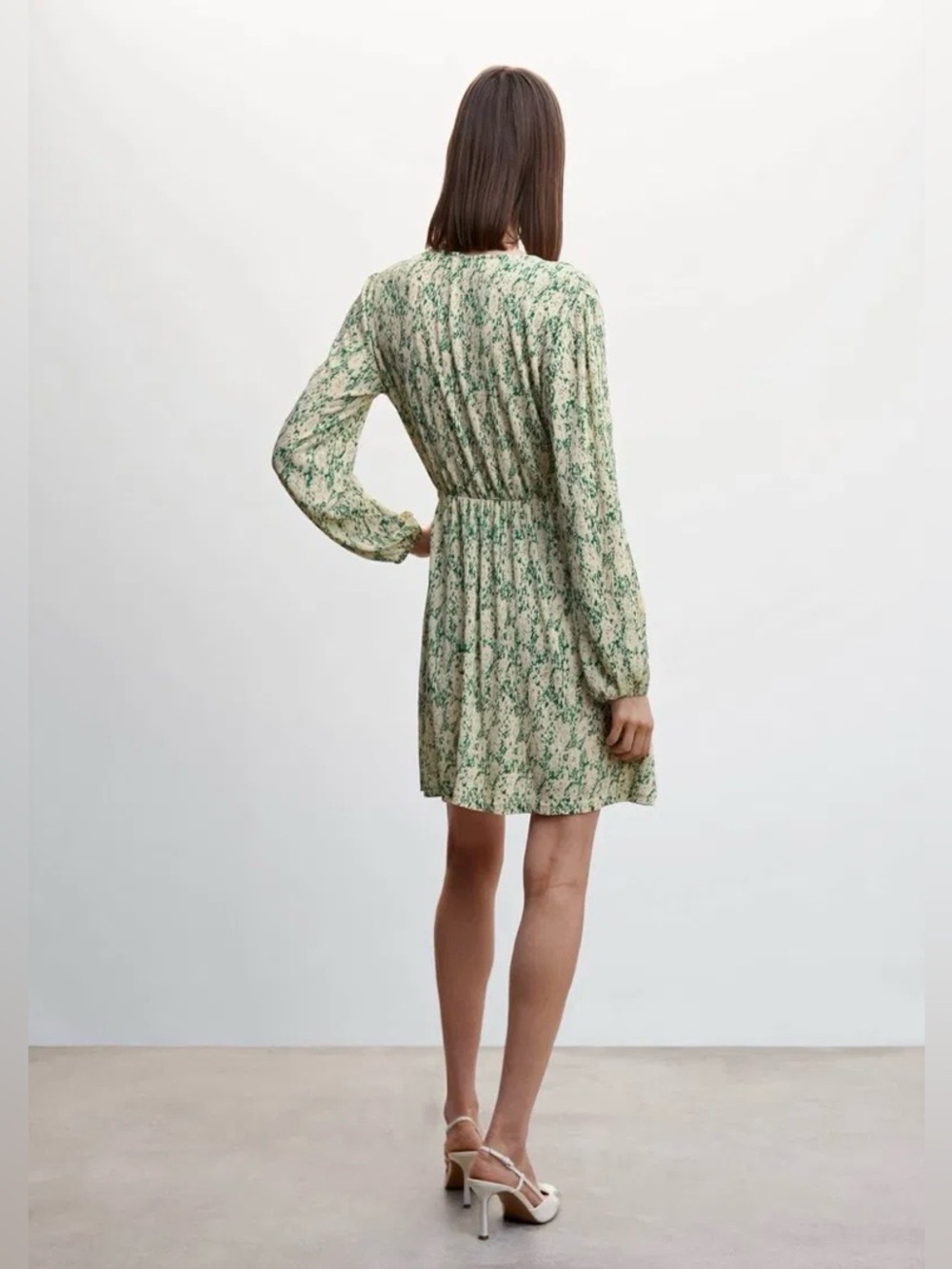 Mango MNG Mini Dress Womens Green Cream NWOT Flowy Floral Long Sleeve 6 - Picture 3 of 9